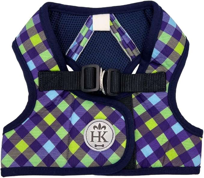 Huxley & Kent Hudson Walking & Training Harness - Blue/Green Check (Large, 22-35lbs) - Easy Control Step-in Mesh Vest Harness with Reflective Strips for Safety - H&K