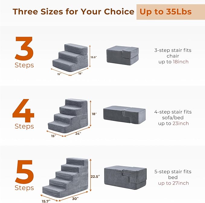 HYLEORY Dog Stairs for Bed 13.5''H, 3-Step Pet Stairs for Small Dogs & Cats, Sturdy Pet Steps with Non-Slip Bottom, Functional Portable Dog Ramp for Couch/Chair/Sofa/Car, with Storage Pocket, Grey