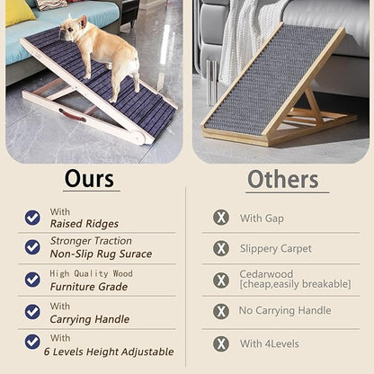 ZJSF Dog Ramp for Bed,Foldable Wooden Portable Non-Slip Dog Ramp for Couch,Small to Large Pet Ramp for Cars,Stairs with High Traction Mat,6 Adjustable Height from 12.2" to 26",Supports up to 230lbs