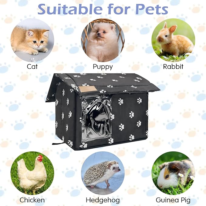 Fhiny Stray Cats Shelter, Waterproof Outdoor Cat House Foldable Warm Pet Cave for Winter Wild Animal Tent Bed Anti-Slip Kitten Cave for Feral Cat Dog Puppy Weatherproof Black (L:17.7"×15"×16.5")