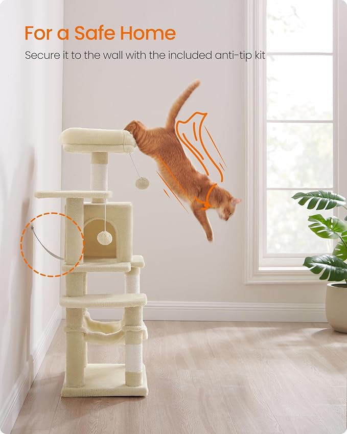 Feandrea Cat Tree, 44.1-Inch Cat Tower, Plush Multi-Level Condo with 4 Scratching Posts, 2 Perches, Hammock, Cave, Beige UPCT261M01