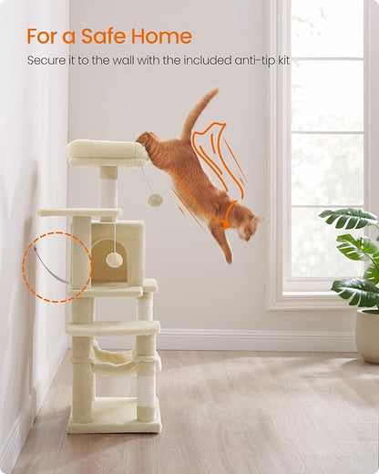 Feandrea Cat Tree, 44.1-Inch Cat Tower, Plush Multi-Level Condo with 4 Scratching Posts, 2 Perches, Hammock, Cave, Beige UPCT261M01