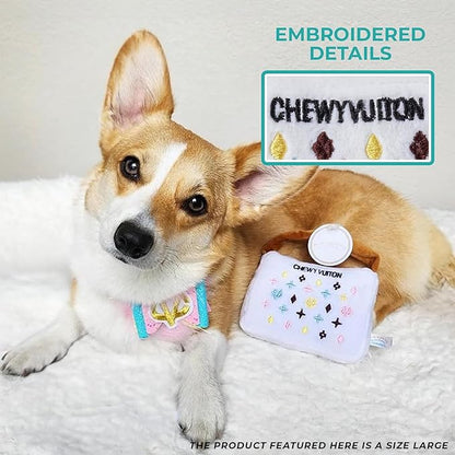 Haute Diggity Dog White Chewy Vuiton Handbag, Plush Designer Dog Toys with Interactive Squeaker, Stimulating Pet Enrichment, Machine-Washable & Safe Materials for All Breeds, Size XL