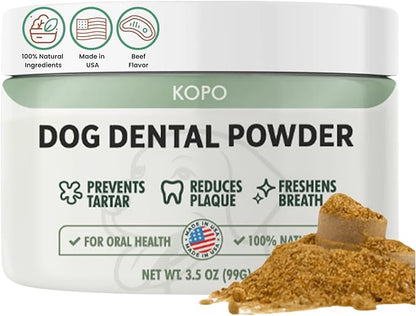 Kopo Dog Dental Powder - Dog Bad Breath Treatment for All Breed Size - Includes Probiotics for Dogs - Easy Way for Dog Teeth Cleaning - One of The Essential Pet Supplies with Beef Flavor