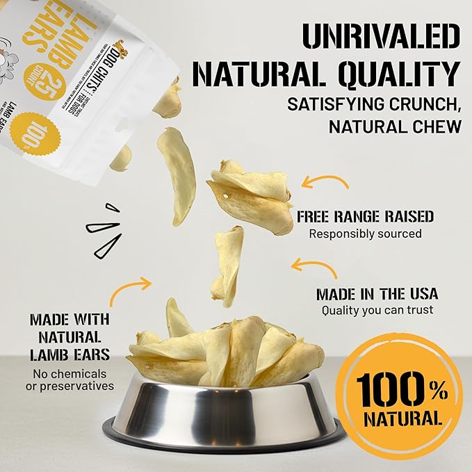 Dog Chits Lamb Ears for Dogs – 100% Natural Baked Lamb Ear Dog Treats – Grain-Free, High Protein, Lower Fat Training Chews – Dental Health & Joint Support – for Large, Medium Dogs – 25 Pack