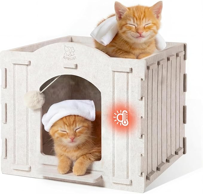 Apasiri Cat House Scratch-Resistant: Indoor Warm Enclosed Felt Bed Cave with Hanging Ball Toy, No-Tool Assembly Hideaway for Anxious Cats & Kittens, 13.4x13.4x9.85 Inch Interior