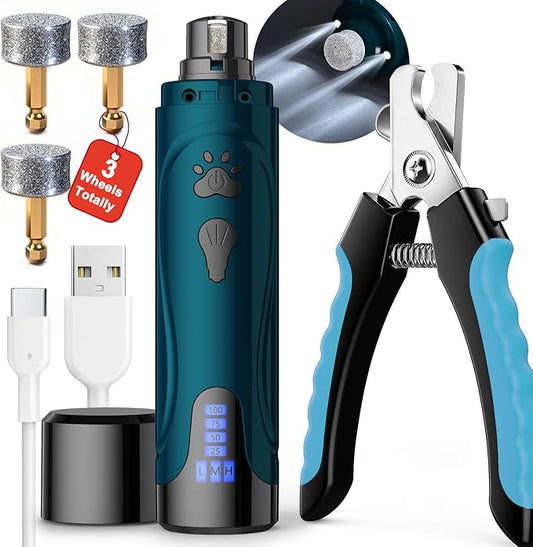 YABIFE Dog Nail Trimmers and Dog Nail Clippers Kit, Whisper Quiet Electric Grinder with Light, for Small, Medium, Large Dogs, Cats Toenail Grooming, 3 Speeds