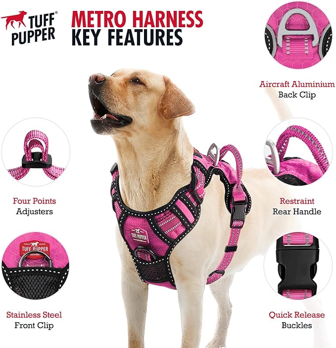 Tuff Pupper No Pull Easy Walk Dog Harness | Heavy Duty Pet Vest | Front & Back Leash Clips | Strong Safety Handle | Reflective Anti Pull Vest | Comfortable Padded Escape Proof Harness (X-Large, Pink)