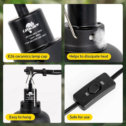 CAVACHEW 2 Pack Reptile Light Fixture, 5.5in Deep Dome Reptile Lamp Fixture, Optical Reflection Cover, Separate Switch & Hook, Terrarium Light Fixture for Reptile Heat Basking UVB Bulbs, 100W, Black