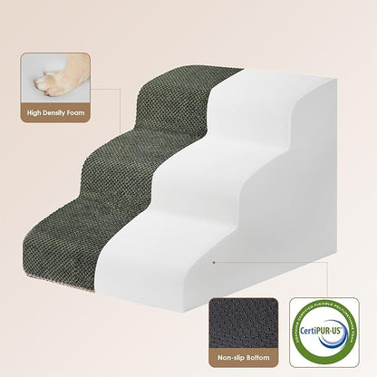 EHEYCIGA Curved Dog Stairs Ramp for Small Dogs 15.7" H, 3-Step Dog Steps for Couch Sofa and Chair, Pet Stairs for Cats, Non-Slip Balanced Pet Steps Indoor, Military Green