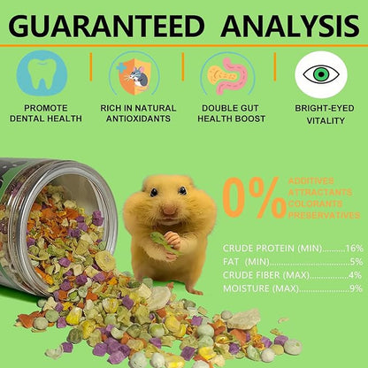 JADINGSFARM Natural Hamster & Gerbil Food 6oz, Vitamin & Mineral Rich Daily Diet for Hamsters, Gerbils,Guinea Pigs, Chinchillas,Supports Dental Health and Digestion, Fruit & Vegetable Hamster Food