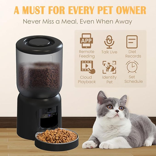 Automatic Cat Feeder with 2K HD Camera, 2.4/5G WiFi 6L Pet Feeder Automatic for Cats & Dogs, Dog Automatic Feeder APP Control, Programmable Cat Food Dispenser with Night Vision,Two-Way Audio (Black)