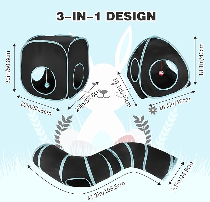 BWOGUE Bunny Tunnels & Tubes Collapsible Rabbit Hideout Tube and Foldable Cubes Playground Small Animal Activity Hideaway for Dwarf Rabbits Bunny Guinea Pigs Kitty (Blue Black)
