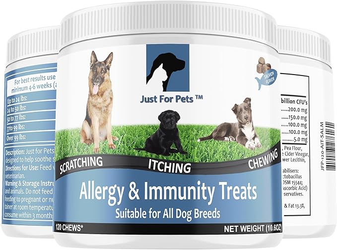 Dog Allergy Relief Chews - Itching Skin Relief with Probiotics and Turmeric for Dogs - Itchy Skin, Hot Spots, Paw Licking, Allergies & Immune Support - Made in USA - 120 Soft Treats, Salmon Flavor