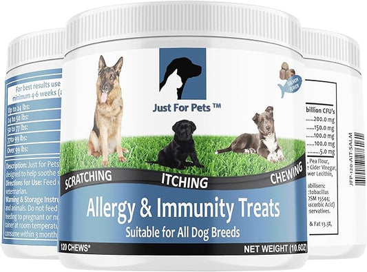 Dog Allergy Relief Chews - Itching Skin Relief with Probiotics and Turmeric for Dogs - Itchy Skin, Hot Spots, Paw Licking, Allergies & Immune Support - Made in USA - 120 Soft Treats, Salmon Flavor