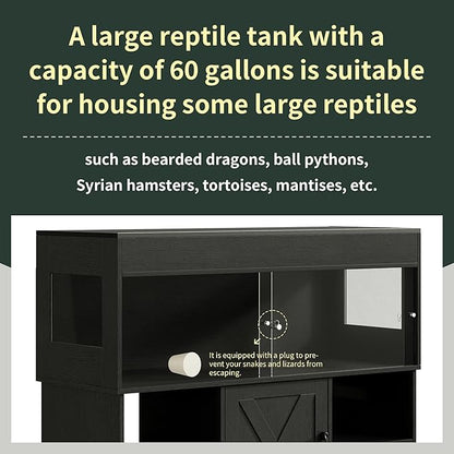 Herture 60 Gallon Reptile Tank with Stand, Terrarium Tank with Storage Cabinet, for Lizards, Skinks, Snakes, Sliding Acrylic Doors, Mesh Top, Built-in Power Outlet Black PX02RTB