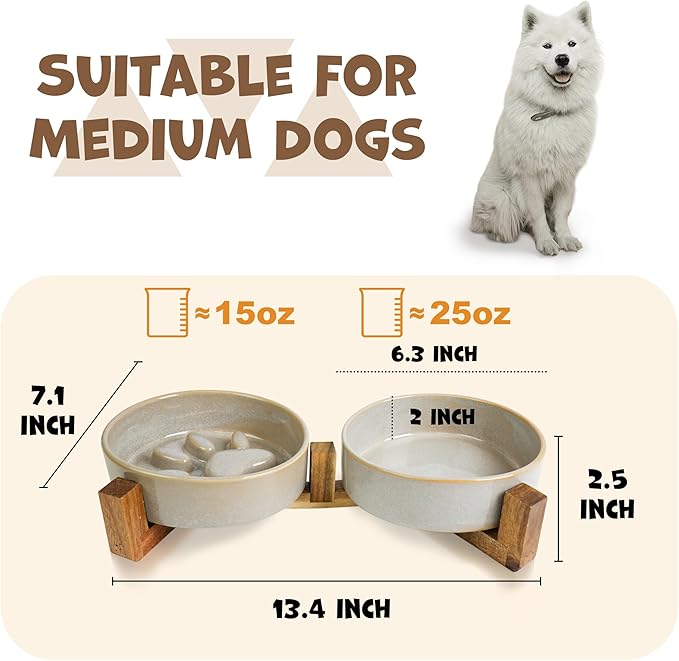 Ceramic Slow Feeder Dog Bowl Set with Stand, Cute Paw Slow Feeding Food Bowl and Water Bowl for Medium Breed, 6.3" Ceramic Non Slip Dog Dishes, Grey