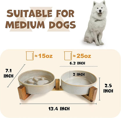 Ceramic Slow Feeder Dog Bowl Set with Stand, Cute Paw Slow Feeding Food Bowl and Water Bowl for Medium Breed, 6.3" Ceramic Non Slip Dog Dishes, Grey