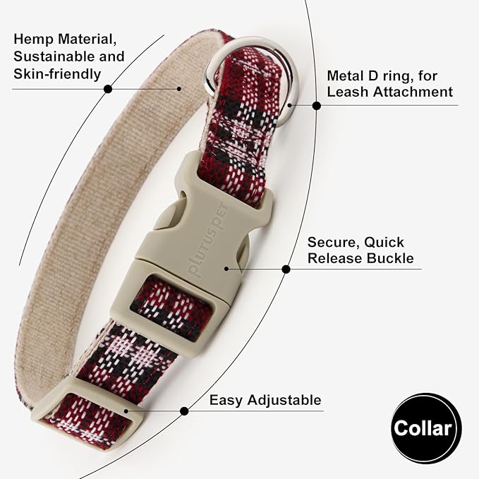 Plutus Pet Cotton Hemp Dog Collar and Leash Set, Adjustable Collar for Small, Medium, and Large Dogs, Heavy Duty and Soft on Skin, Red Plaid, L