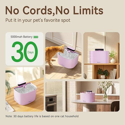 Cat Water Fountain, 122oz/3.6L Pumpless Wireless Cat Fountain, Cordless Water Fountains for Cats Indoor, Dog Pet Water Fountain Battery Operated with Stainless Steel Tray (Pink, Fountain+8 Fliters)