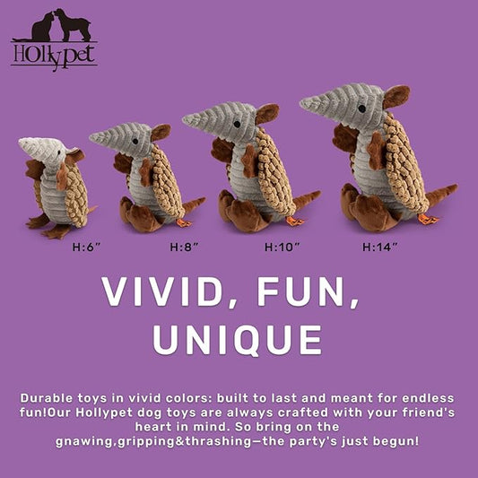 Hollypet Plush Dog Squeaky Toy Stuffed Armadillo Animal Pet Puppy Chew Toys with Clean Teeth for Small Medium Large All Breed Sizes Dogs, Light Brown, 10 in