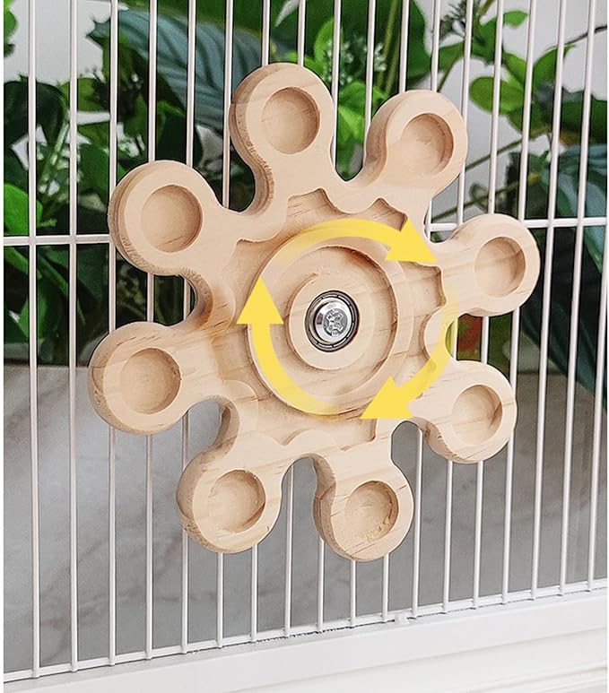 KABASI Rotating Natural Wood Chinchilla Chew Toys, Interactive Enrichment Rat Enrichment Toys for Teeth Grinding, Hanging Exercise Chinchilla Cage Accessories Snowflake Wheel for Hamster Guinea Pig