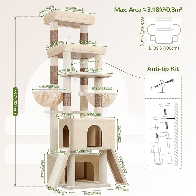 Globlazer Heavy Duty Cat Tree 78 inch Sturdy Cat Tower for 20lbs Large Adult Cats, Symmetrical Aesthetic Big Cat Tree with Extra Large Platform, 2 Scratching Boards, Z78, Beige
