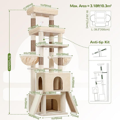 Globlazer Heavy Duty Cat Tree 78 inch Sturdy Cat Tower for 20lbs Large Adult Cats, Symmetrical Aesthetic Big Cat Tree with Extra Large Platform, 2 Scratching Boards, Z78, Beige