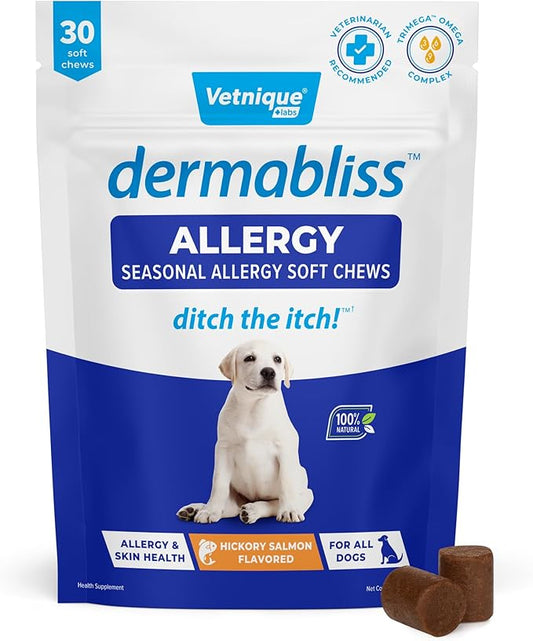 Vetnique Dermabliss Dog Allergy Relief & Immune Support Supplement Allergy Chews for Dogs Itching and Licking with Omega 3 Fish Oil & Probiotics for Itch Relief - Vet Recommended (30 Count Chews)