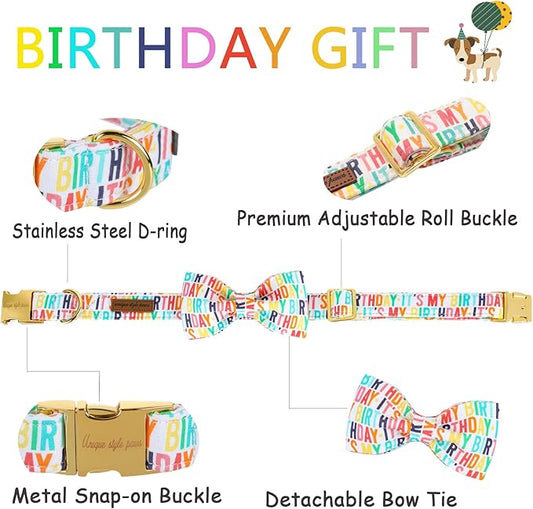 Unqiue Style Paws Birthday Dog Collar, Soft and Cute Dog Bow Tie, Durable Pet Collar with Bow Adjustable Bow Dog Collar for X-Large Dogs