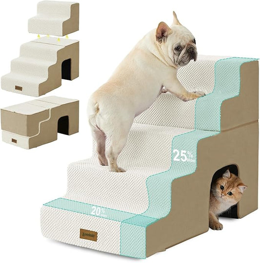 Dog Steps for High Beds - 5 Step 23.8" H Pet Stairs with Tunnel 2 in 1 with Zippers Suitable for Small Dogs and Cats, Indoor Cat Ladders with Non-Slip Bottom, Beige