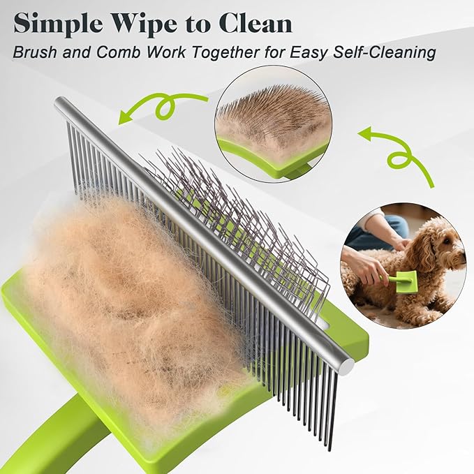 2PCS Slicker Brush for Dogs & Pet Comb,Professional Dog Grooming Brush (Goldendoodles,Poodles,Labradoodles) with Extra Long Pins to Effectively Remove Tangles, Knots and Mats (Green, Large)