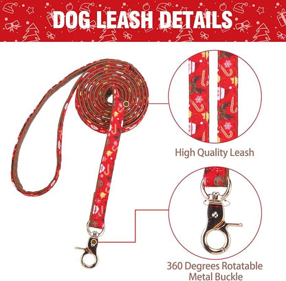 KOOLTAIL Christmas Small Dog Collar and Leash Set with Bowtie and Bells-Puppy Collar Leash for Female with Matching Pattern, Soft Leather Tangle Free Leashes for Small Dogs Boys Girls Red