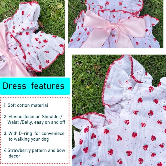 ANIAC Strawberry Dog Dress for Small Medium Dog Cotton Puppy Clothes Girl Dog Princess Dress Sleeveless Cat Outfit Bow Summer Pet Clothing (Strawberry, X-Small)