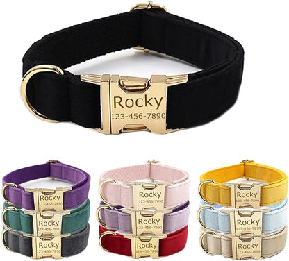 Personalized Velvet Dog Collars with Pet Name Phone Number Engraved, Custom Adjustable Soft Collar with Metal Buckle for Small Medium Large Dogs, Dog Leash and Bow Tie Available -Black