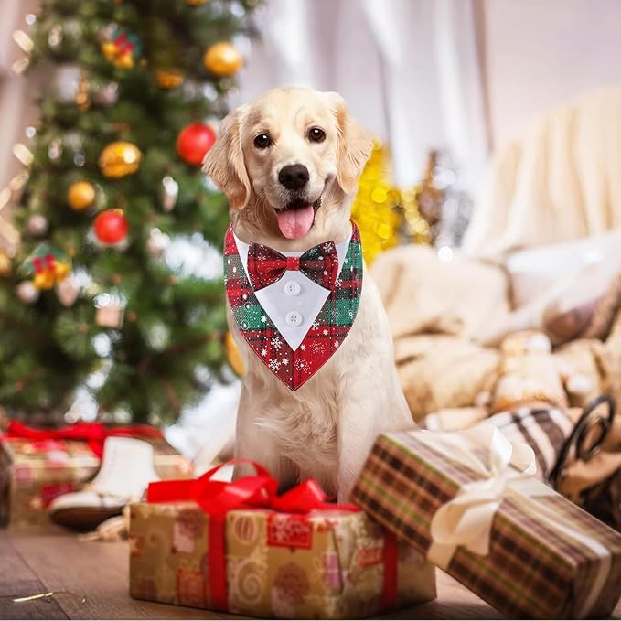 Adjustable Red Plaid Christmas Dog Tuxedo Bandana with Bow Tie - Holiday Pet Outfit Costume for Dogs XS to XL