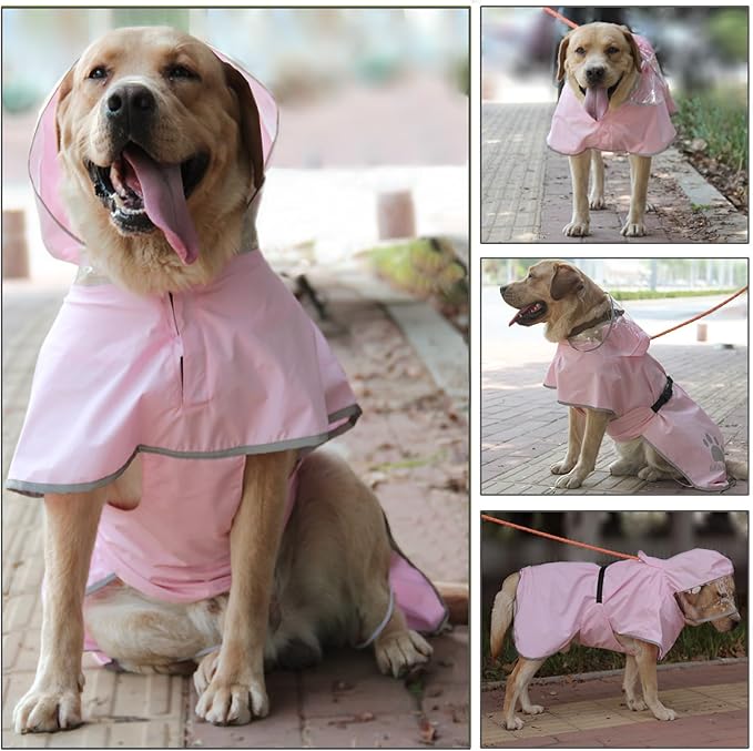 Waterproof Dog Raincoat, Reflective Adjustable Hooded Dog Rain Coat, Lightweight Breathable Pet Rain Jacket Poncho Double Layer with Leash Hole for Small Medium Large Dogs (Pink, 3X-Large)