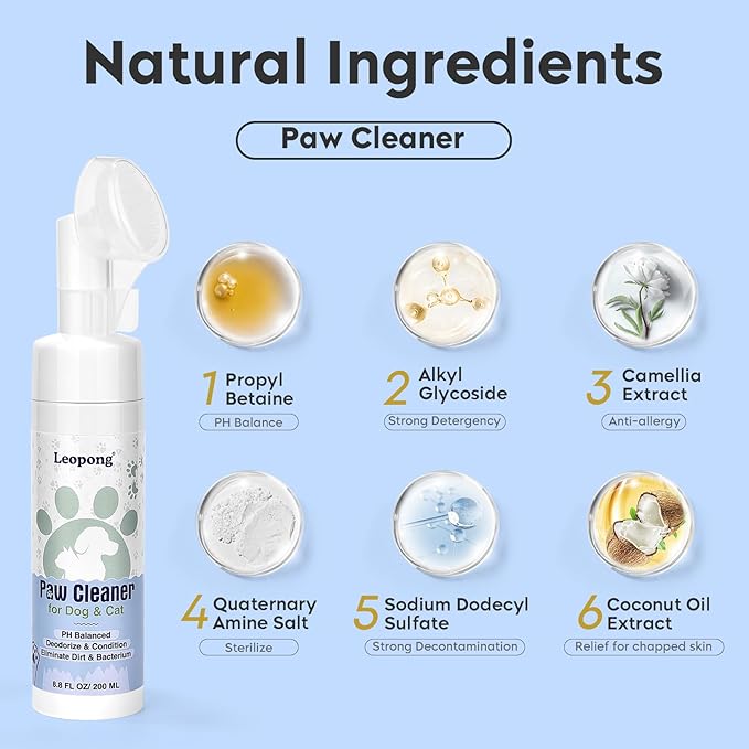 Dog Paw Cleaner & Cat Foot Wash - Gentle No-Rinse Foaming Mousse - PH Balanced Deodorizing Cleanser with Integrated Silicone Brush, 8.8 oz