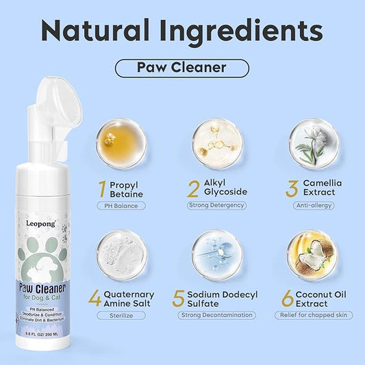 Dog Paw Cleaner & Cat Foot Wash - Gentle No-Rinse Foaming Mousse - PH Balanced Deodorizing Cleanser with Integrated Silicone Brush, 8.8 oz