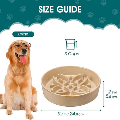 vancasso Ceramic Slow Feeder Dog Bowls, Puzzle Dog Food Bowls with Floral Maze, Anti -Slip Pet Food Dish for Large Breed, 3 Cups, Brown