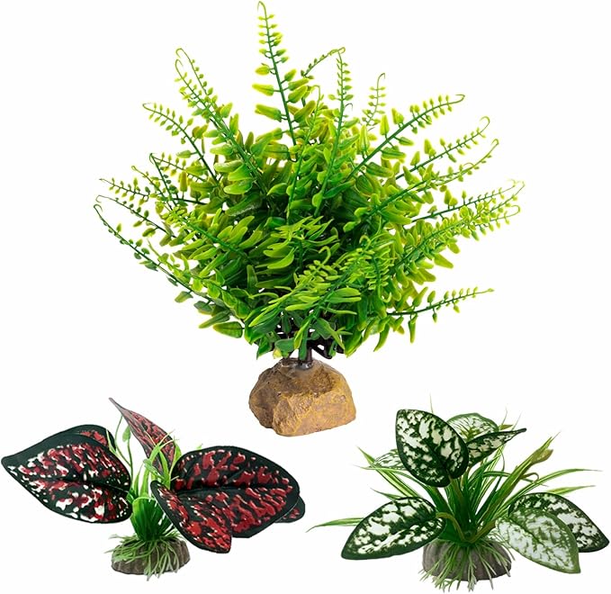 Moonorange Reptile Artificial Plants, Terrarium Plants Decorations Supplies, Aquarium Fish Tank Plants, Amphibian Habitat Hideout Tank Accessories(L Set-3pcs/E)