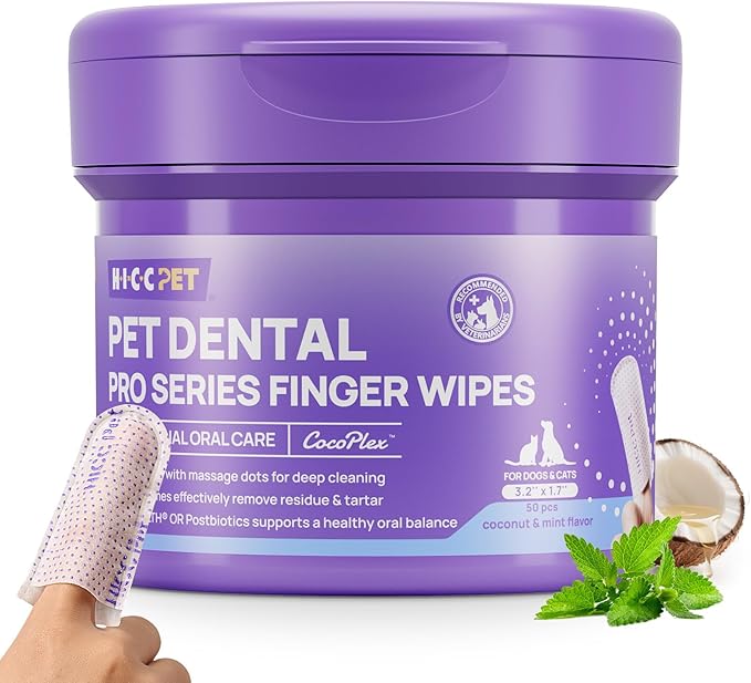HICC PET Pro Teeth Cleaning Wipes for Dogs & Cats, Vet-Recommended Dental Care Finger Wipes, Reduce Plaque Tartar & Fresh Breath, No-Rinse Toothbrush, Gentle Clean Dog Tooth Brushing Kit, Mint
