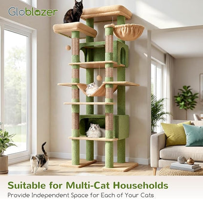 Globlazer XXL Cactus Giant Cat Tree, 83 Inch Heavy Duty Cactus Tall Cat Tower for Indoor Cats Large Adult, Multi-Level Large Cat Condo with 8 Scratching Posts, Hammock, 2 Platform, F83B, Green
