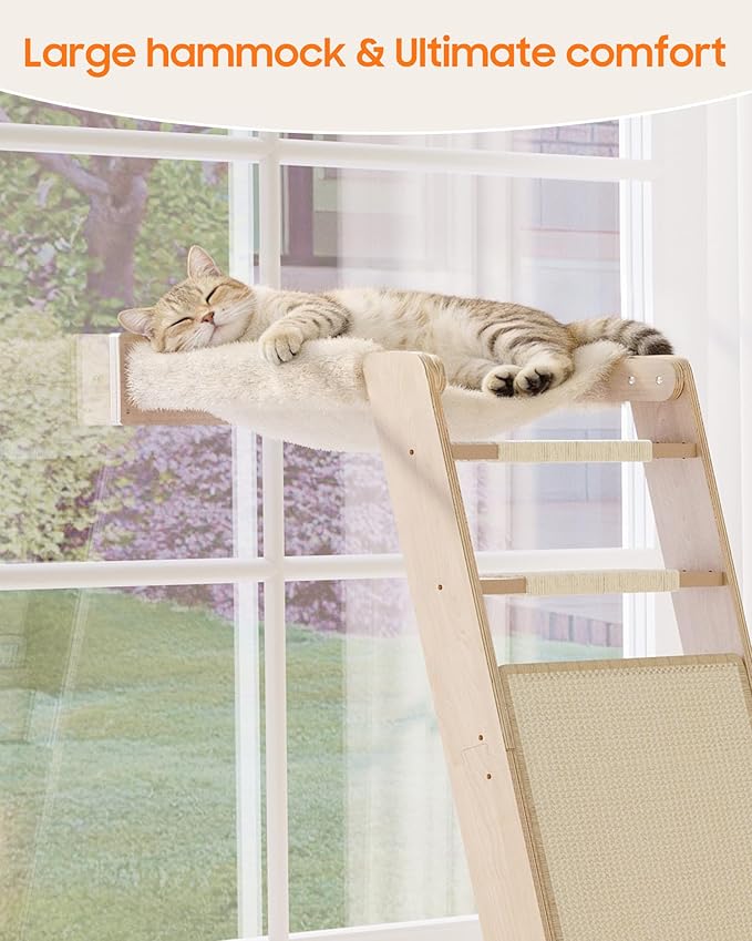 51'' Cat Window Perch with Sisal Pad, Extra-Wide Cat Scratcher with Suction Cups for Glass, Sisal Ball Hammock Ladder for Sleeping, Playing and Watching Bird