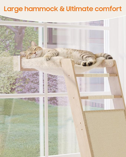 51'' Cat Window Perch with Sisal Pad, Extra-Wide Cat Scratcher with Suction Cups for Glass, Sisal Ball Hammock Ladder for Sleeping, Playing and Watching Bird