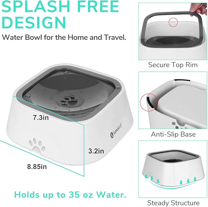 LumoLeaf No Spill Water Bowl for Dogs, Slow Feeder for Messy Drinkers, Drip-Free, Splash-Proof Design (Grey, 35oz)