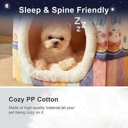 JIUPETY Cute Small Dog House Indoor, Foldable House Kennel Bed Mat with Cushion, L Size Tent Up to 25 Lbs, Dog Cave Bed with Non-Slip Bottom, Rainbow