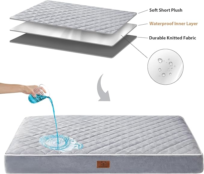 WNPETHOME Orthopedic Waterproof Extra Large Dogs Bed with Removable Washable Cover, Multi-Needle Quilting XL Crate Bed for Large Sized Dog, Light Grey