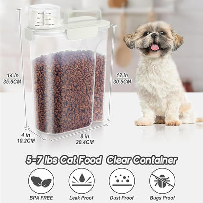 LEAWALK 5-7Lbs Cat Dog Storage Container, Portable Pet Food Containers with Upgraded Large Spout and Cup, Small Animal Kibble Dispenser for Bird Seed, Oatmeal, Rice, Flour (White & Black)