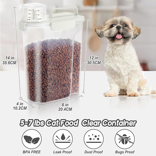 LEAWALK 5-7Lbs Cat Dog Storage Container, Portable Pet Food Containers with Upgraded Large Spout and Cup, Small Animal Kibble Dispenser for Bird Seed, Oatmeal, Rice, Flour (White & Black)